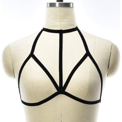 Black Soft Sexy Harness Bra Women Goth Body Harness Belt Rave Wear Crop Top Body Cage Hollow Bra Lingerie