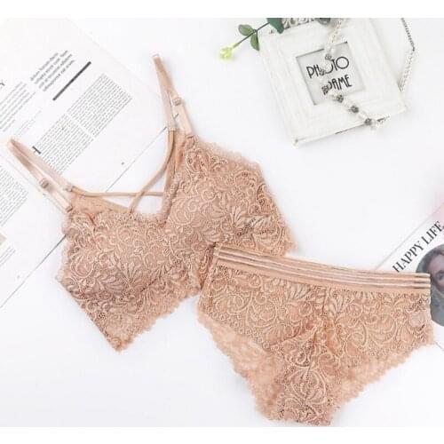 Yoga Bra Sports Fitness Lace Gathered Camisole Bottoming Underwear Set Solid Color JacWuard Bra Lace Briefs