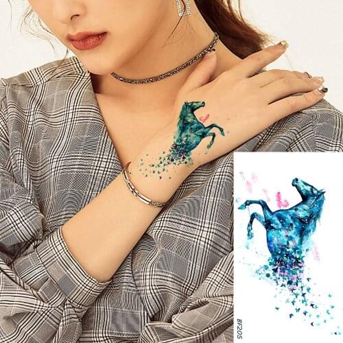Children Girls Cartoon Flash Blue Horse Cute Temporary Tattoo Stickers Women Arm Chest Tato Adhesive Butterfly Custom Art Tattoo