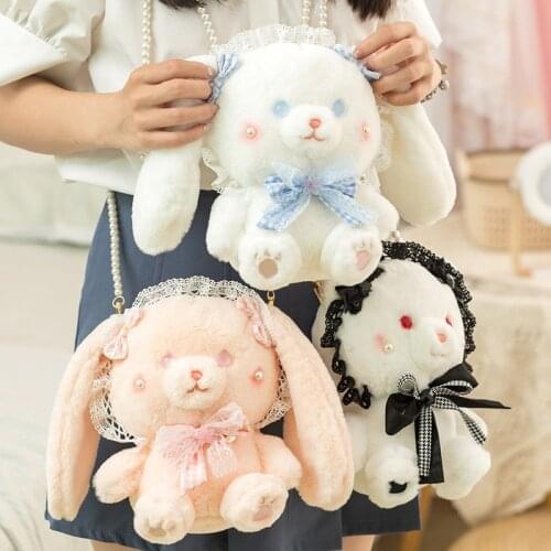 2021 New Japanese Lolita Shoulder Bags For Girls Cosplay Plush Lace Long Ears Rabbit Messenger Bag Small Toy Phone Coin Bag