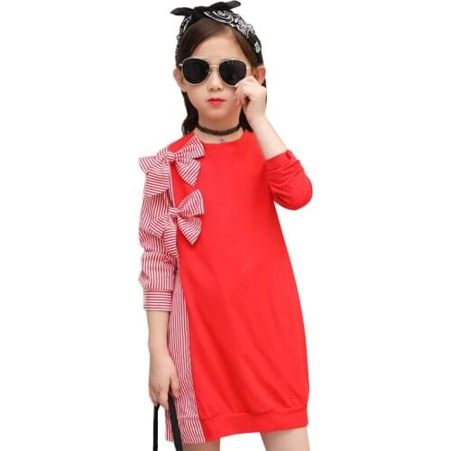 2020 Autumn Big Girls Dress Childrens Bow Tie Stitching Striped Shirt Long Sleeve Dresses Kids Cute Clothes