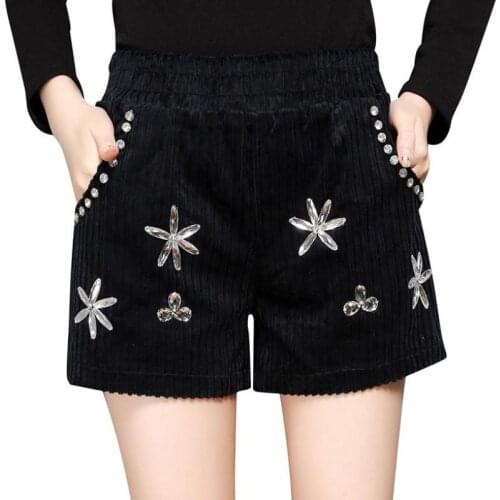 Winter Fall Fashion Woman Lady Elastic Waist Glitter Beads Wide Leg Corduroy Shorts ,autumn Slim Black Brown Shorts For Women