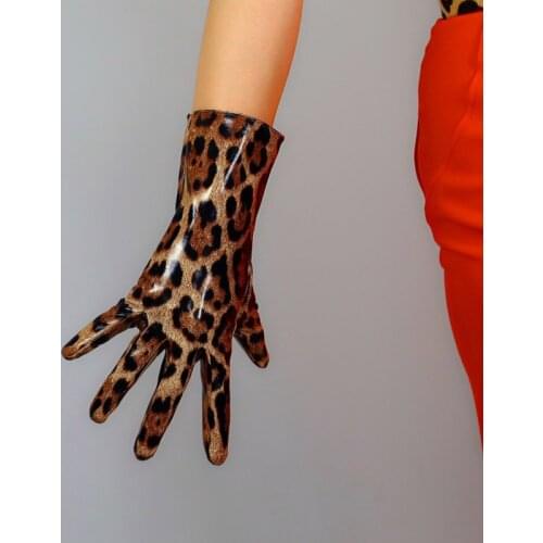 Leopard Short Gloves 28cm Female Faux Leather Bright Patent Leather Women Leather Gloves Brown Leopard Slim Hand WPU290