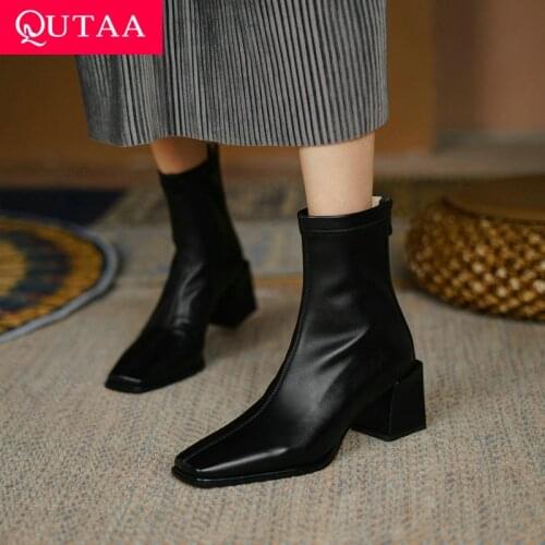 QUTAA 2022 Ankle Boots Elegant Women Genuine Leather Winter Square High Heel Short Boots Square Zipper Women Shoes Size 34-40