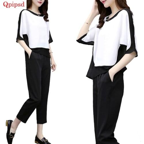 Plus Size 5XL 2021 Korean Summer Fashion Temperament Slim 2 Piece Set Women Loose Tracksuit Female Splice Blouse+Long Pant Suits