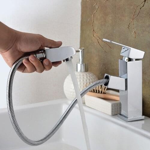 Silver bathroom kitchen basin faucet single handle pull out spray sink faucet hot and cold water installation faucet