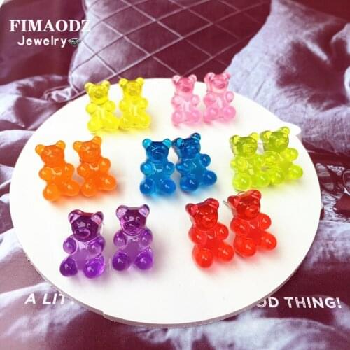 FIMAODZ Gummy Bear Stud Earrings Fashion 2020 Cute Animal Resin Cartoon Bear Earring Handmade Female Girl Kids Candy Ear Jewelry