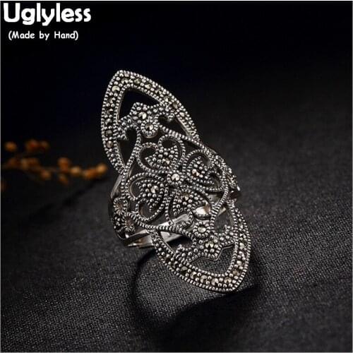 Chic 925 Thai Silver Party Dress Exaggerated Long Wide Rings Women Hollow Hearts Creative Open Rings Clover Ethnic Wild Jewelry