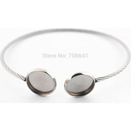 50x60mm Stainless Steel Open Cuff Bangle Bracelet Super Flexible with Doulbe 12mm Round Smooth Bezel Cabochons Base DIY Findings