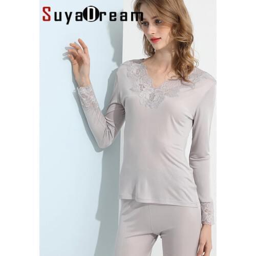 SuyaDream Women Autumn Winter Silk Long Johns Lace V neck Solid Knitted Thermal Underwear 2020