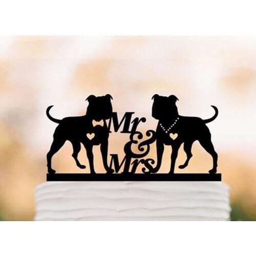 Mr and Mrs two pitbull dogs wedding cake topper, male &female 2 dogs silhouette cake topper with heart, funny cake topper