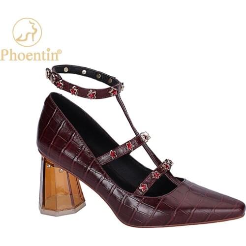 Phoentin Clear Women Heels Crystal T Strap Ladies Shoes Narrow Bands Star Rivet Genuine Leather Woman Pumps Pointed Toe FT1356