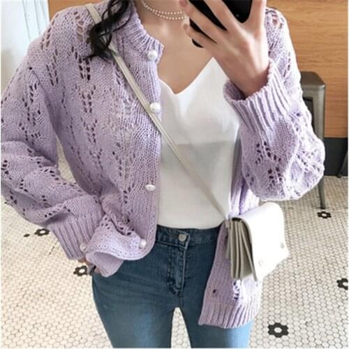 Korean new girl taro ice cream hollow pattern sweet pearl button knitted cardigan small coat