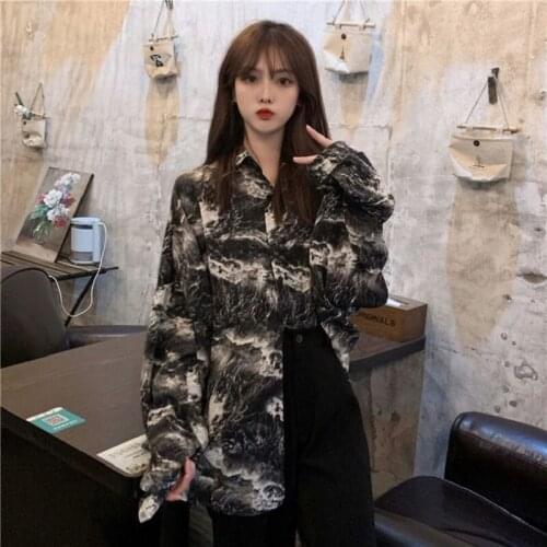 2021 Autumn Casual Tie dye Printing Women Tunic Shirt Loose Button Up Long Sleeve Women Blouse Oversize Y2K Oversize Female Tops