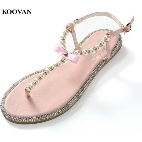 Koovan Women Sandal 2021 Summer Fashion Shoes Girls Bow Rhinestone Pearl Women Sandals Flat Sandals Woman Shoes Size 33-43