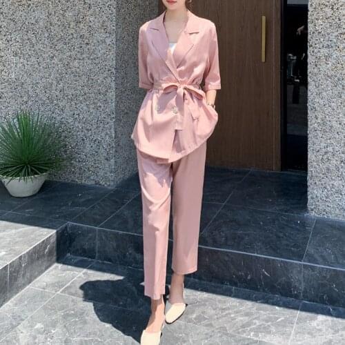 2021 Summer Casual Half Sleeve Blazer and Straight Pants Two Piece Set Women Office Casual Work Elegant Pant & Coat Suit Sets