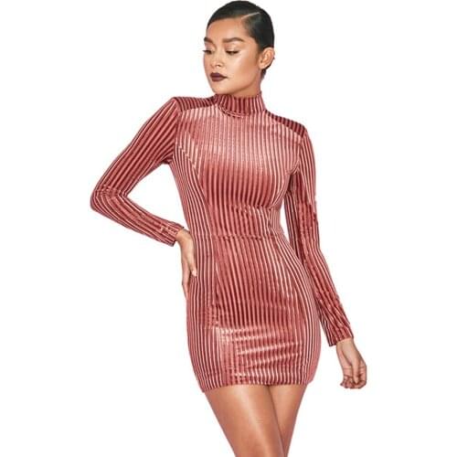 S Curve Velvet Striped Mini Dress Long Sleeve Fashion Bodycon Party Club Dress