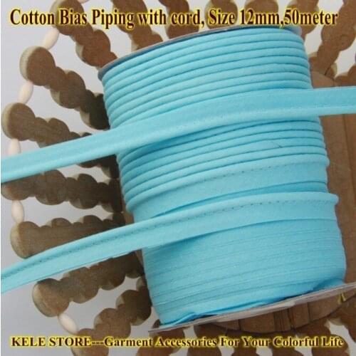 Free shipping--100% Cotton Bias Piping, Piping tape,bias Tape with cord,size:12mm,50m,for DIY sewing textile solid col lake blue