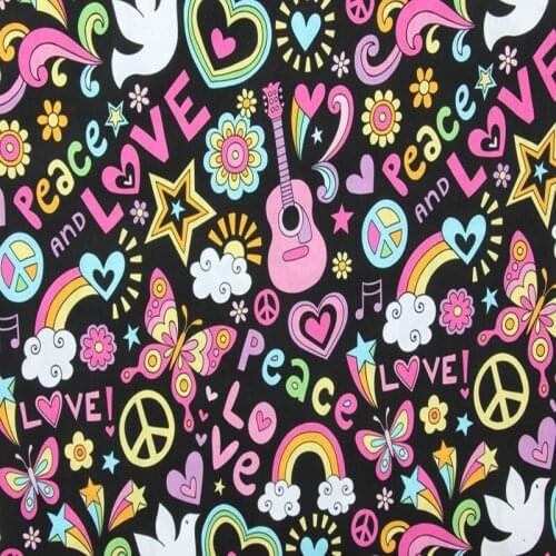 Peace Love Print Black 100% Cotton Fabric for Girl Clothes Bedding Set Hometextile Cushion Cover Backpack DIY