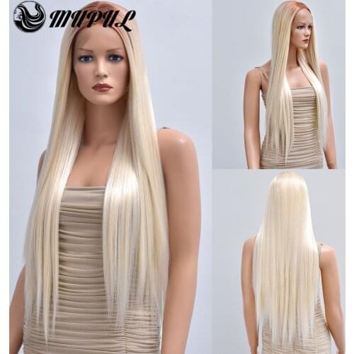 Long Silky Stright Blonde Ombre Hair Synthetic Wig For Women Middle Parting Lace Front Natural Heat Resistant Fiber Female Wigs