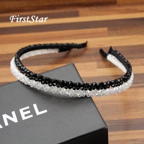 FirstStar Handmade Female Shiny White Black Beads Crystal Hair Band Rhinestone Headband Women Fashion Hair Accessories