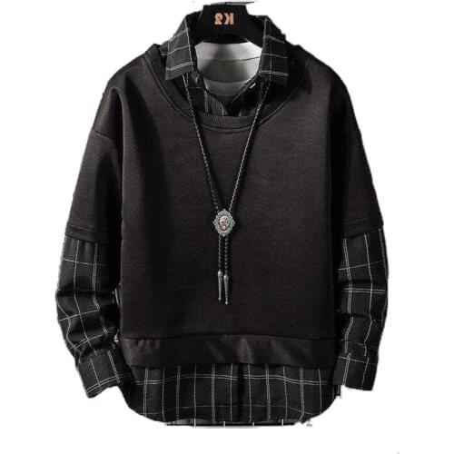 Fake two-piece sweater mens plaid shirt mens long-sleeved ins top Korean version of the trend loose autumn coat men
