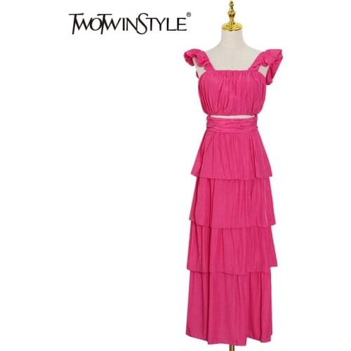 TWOTWINSTYLE Ruched Two Piece Set For Women Square Collar Flying Sleeve Top High Waist Ruffles Skirt Casual Sets Female 2021 New