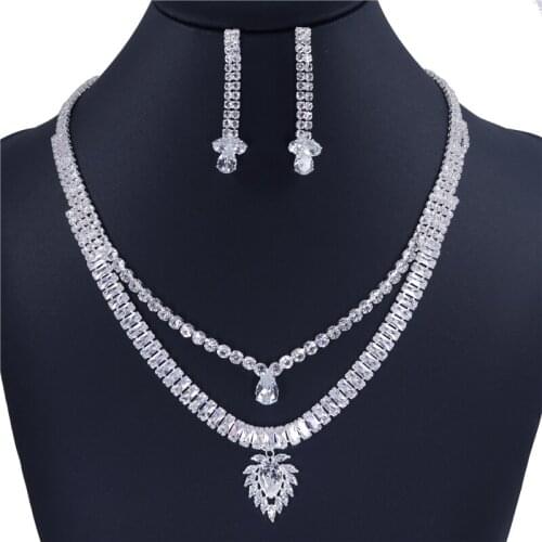 Fashion Water Drop Pendant Multilayer Necklace Earrings Set Shining Zircon Crystal Bridal Wedding Jewelry Wholesale And Retail