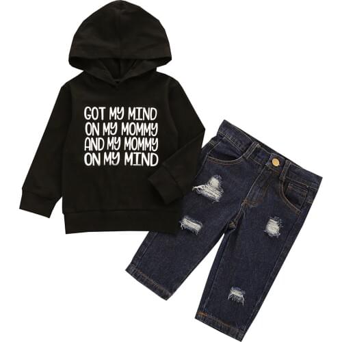 2020 Baby Boys Fashion 2-piece Outfit Sets Spring Autumn Letter Print Hoodie+Ripped Jeans Set for Kids Boys 6M-4T