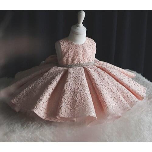 Pink Tulle Baby Girl Dress Beads Lace Infant Baptism Dress Summer Newborn Girl 1 Year Birthday Party Wedding Christening Dresses
