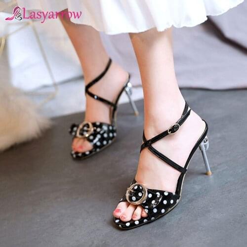 Lasyarrow 2020 PU Leather Polka Dot Buckle Women Sandals Square Open-toed Shoes Sexy Thin High Heel Slingback Women Pumps Size