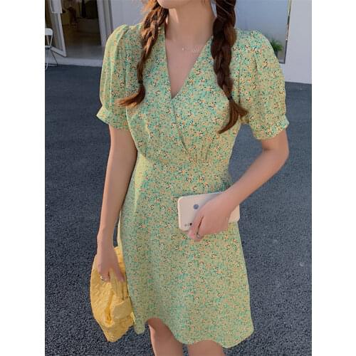 Summer V Neck Slim Waist Print Dress Women Mini Dresses Sweet Short Sleeve Vestidos