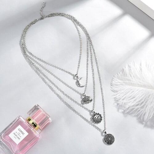 Fashion Multilayer Sun Moon Elephant 3D Tassel Choker Lariat Bar Alloy Pendant Necklace Long Strip Chain Collier Women Accessory