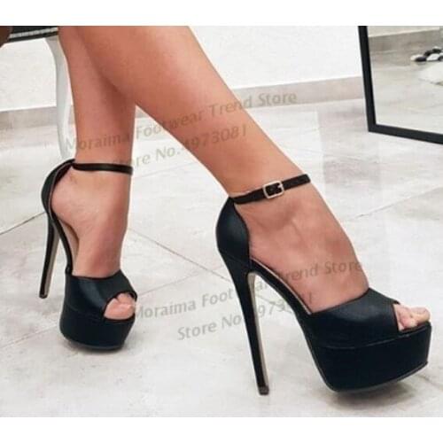 Moraima Snc Peep Toe Platform Ankle Strap Sandal Summer Super High Black Leather Gladiator Shoe Woman Party Dress Heels