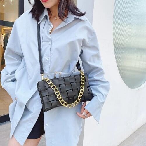 New Fashion Joker Pure Color Thread Pattern Metal Chain Woman Shoulder Bag