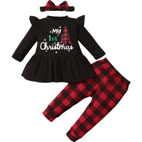 Halloween Clothes For Newborns Printed Pattern Round Collar Ruffle Tops Striped/Plaids Long Pants Bow Headband Girl Clothing Set