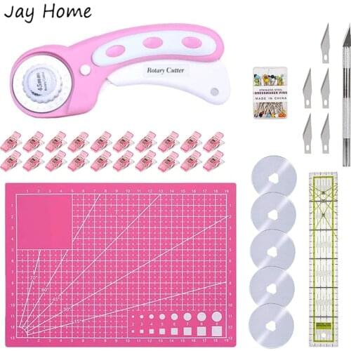 26Pcs 45mm Fabric Rotary Cutter Kits with 5 Replacement Blades & Cutting Mat &Sewing Clips & Patchwork Ruler for Quilting Craft
