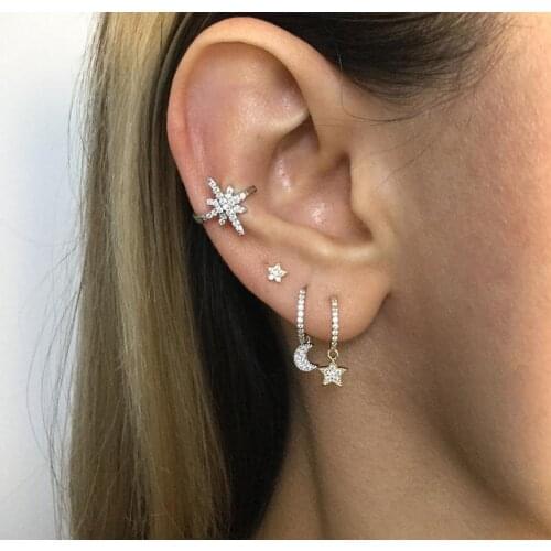 Wholesale real 925 sterling silver crecent Moon star dangle earring with crystal cz paved New fashion styles earring jewelry