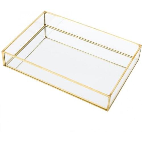 Nordic Retro Storage Box Tray Gold Rectangle Glass Makeup Organizer Tray Dessert Plate Jewelry Display