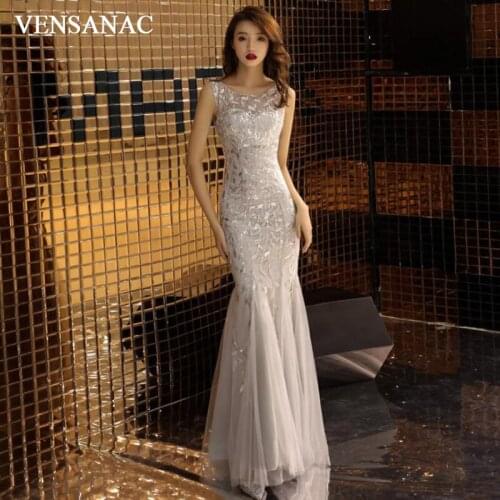 VENSANAC Illusion O Neck Sequined Appliques Mermaid Long Evening Dresses Party Tank Backless Prom Gowns