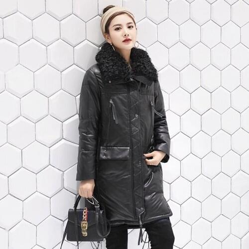 Genuine Leather Jacket Women Winter Natural Fur Collar White Duck Down Jacket Female Long 100% Real Sheepskin Coat Tops MF1725