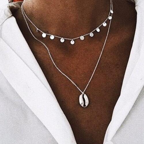 Bohemian Style Round Sequins Sea Shell Pendant Necklace for Women Simple Vintage Geometric Beach Necklace Jewelry Kolye YN1140