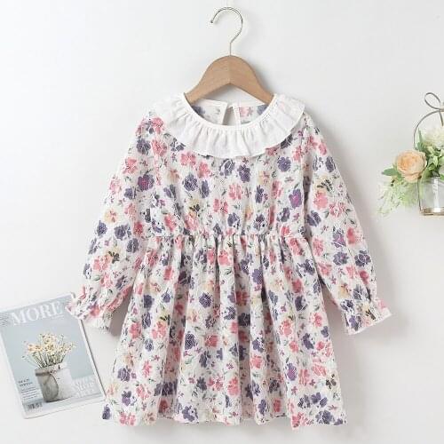 Winter 2021 New Arrivals Girls Dress Long Sleeve Peter Pan Collar Print Floral Cute Streetwear Dresses Vestidos 18M-6T