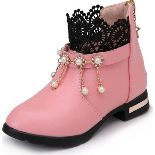 CUZULLAA Winter Girls Fur Ankle Boots Autumn Kids Girls Pearl Martin Boots Children Shoes Girls Princess Lace Boots size 27-37