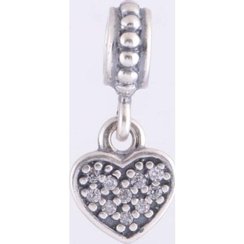 100% 925 Sterling Silver Clear CZ Pave Heart Dangle Charms Beads for Jewelry Making Fits Pandora Charm Bracelets