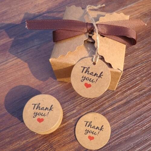 100pcs Thank you with Red Heart Hand Made Kraft Gift Tags Wedding Party Paper Hang Tags Price Label Hang Tag Cards