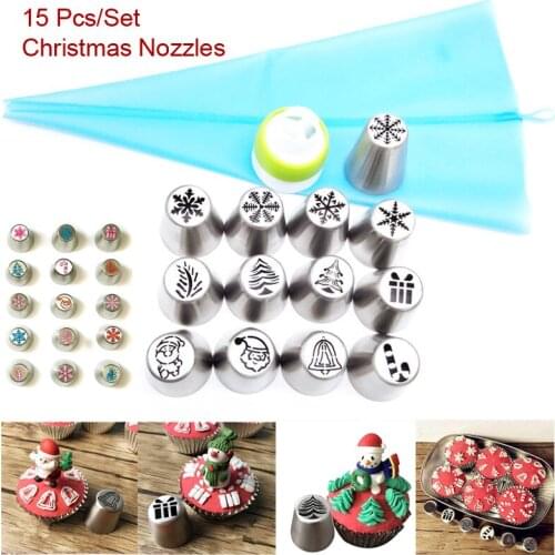 15 Pcs Christmas Nozzles Russian Icing Piping Tips Christmas Design for Cakes Cupcakes Cookies - Decoration Pastry Baking Tools
