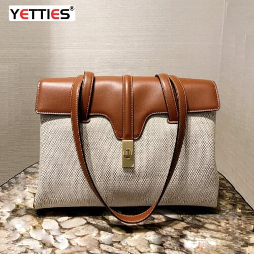 2021 New Canvas Women Bag Tote Bag Medium Cowhide with Canvas Shoulder Bag Underarm Bag Casual Hand Bag