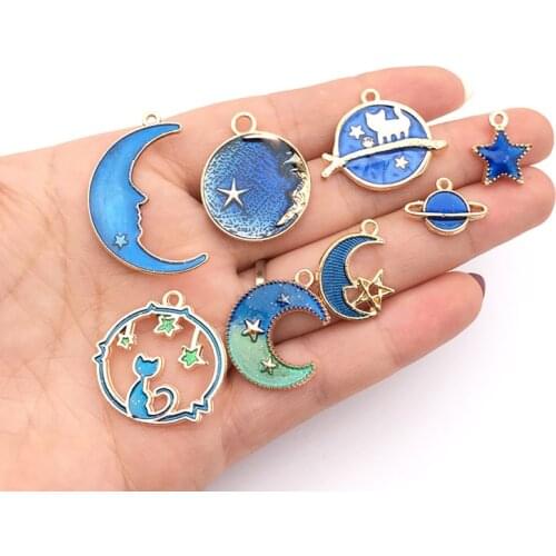 24pcs 8pcs Enamel Charms Alloy Mixed Moon Universe Necklace Earrings Pendant Bracelet Accessories for Jewelry Making Craft DIY