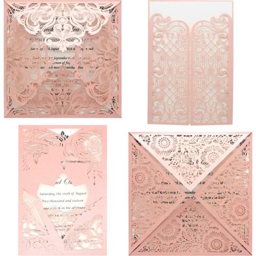 10 Kits Bride & Groom Glitter Invitations European Style Laser Cut Wedding Invitations Holiday Greeting Card Cover Envelopes